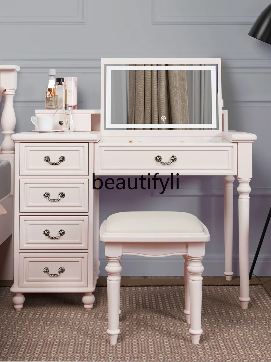 Pure solid wood installation-free American light luxury concealed dresser desk integrated dual-purpose with light small