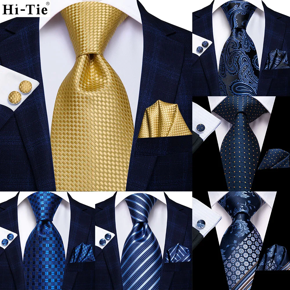 

Hi-Tie Yellow Gold Solid 63inch Silk Mens Extra Long Ties for Men Woven Classic 160cm Men Necktie Pocket Square Set Cufflinks