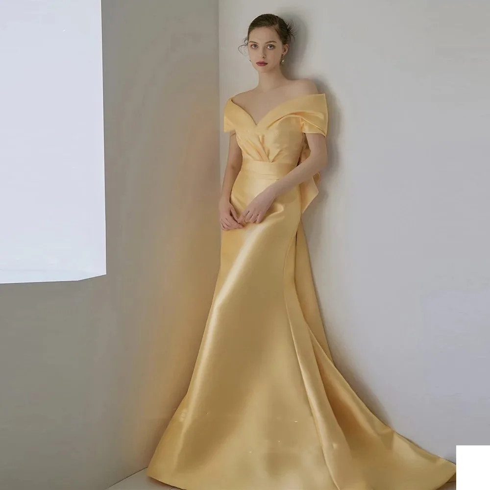 Flora Dress Charming Yellow Satin Mermaid Evening Dresses Off Shoulder Short Sleeves Long Prom Gowns Wedding Photo Shoot 2023