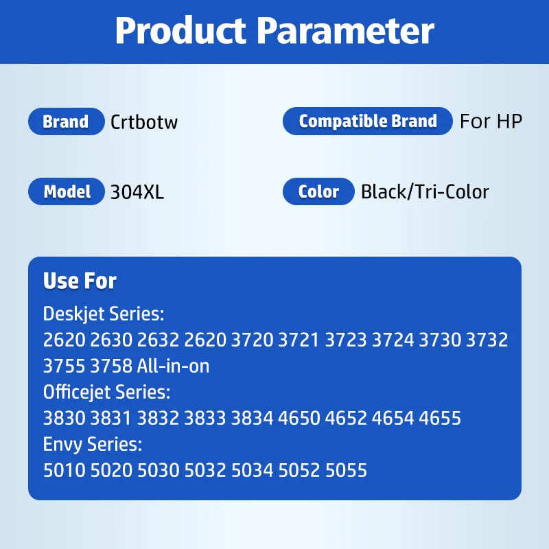 CRTBOTW 304XL Ink cartridge Compatible for HP 304 for HP 304XL Deskjet ENVY Officejet 2620 2630 2632 3730 5020 5032 Printer