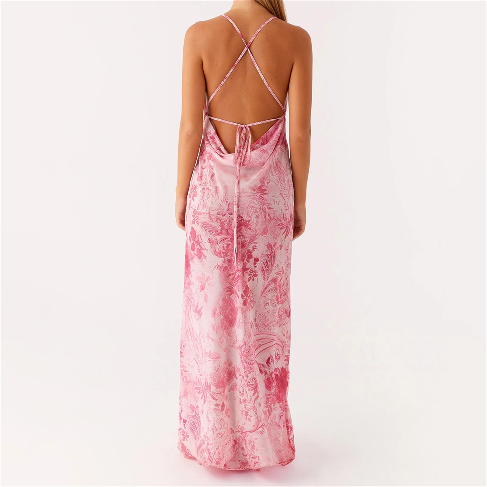 ผู้หญิงฤดูร้อน Beachwear ดอกไม้ Tie-DYE พิมพ์ Slim Cowl คอสปาเก็ตตี้สายเปิดกลับผูก A-Line ยาว Cami SLIP DRESS