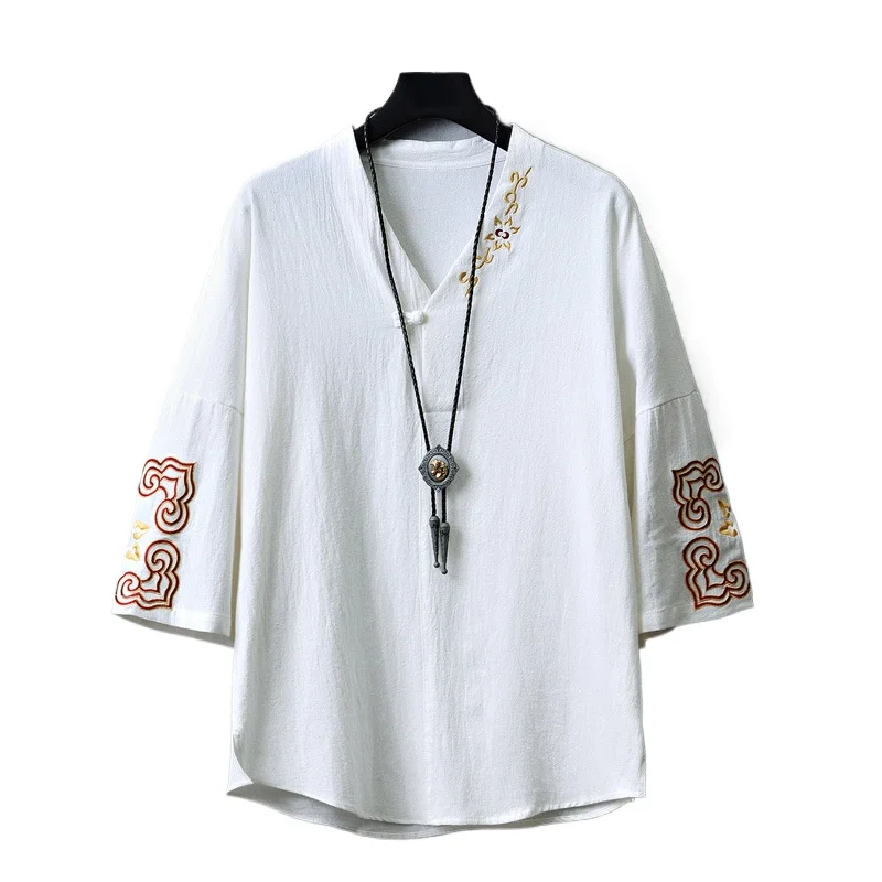 Summer New Chinese Style Men's Clothing Retro Embroidered V-neck Buckle T-shirt Trendy Large Size Seven-quarter Sleeves