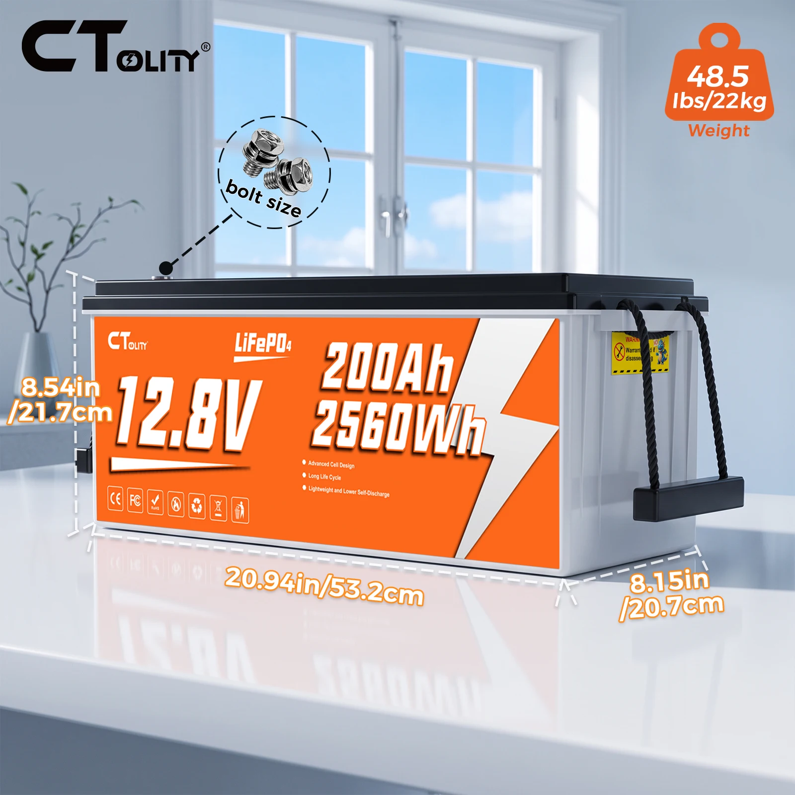 Ctolity 12V 200Ah LiFePO4 Battery Pack 2560Wh 15000+ Cycles Deep Cycle Lithium Battery with BMS for Heavy RV Off-Grid Solar Home Backup Power
