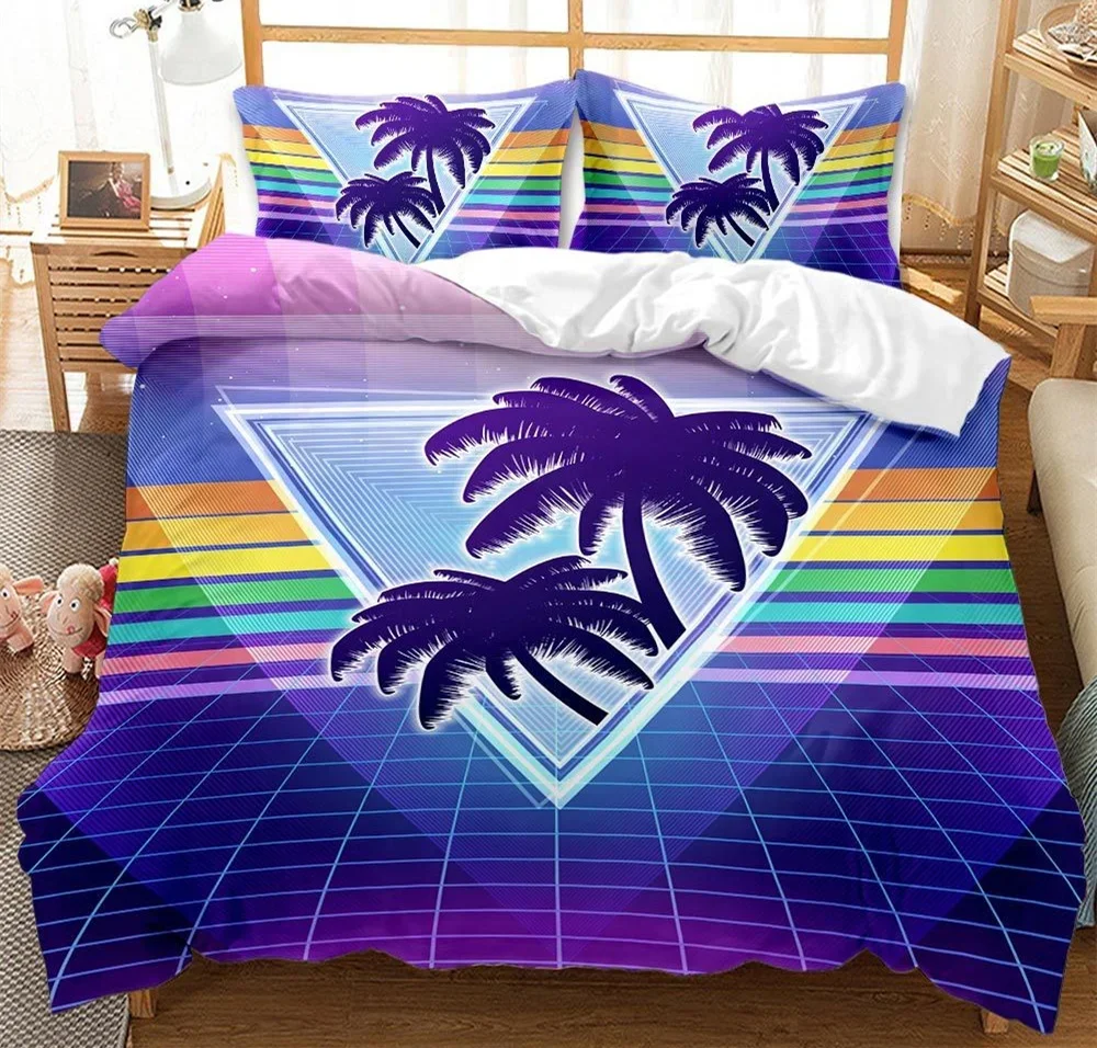 Luxury 3D Summer Time Vacation Bedding Set Purple Duvet Cover Set Single Queen King Full Size Adults Women Room Decor Bed Linen