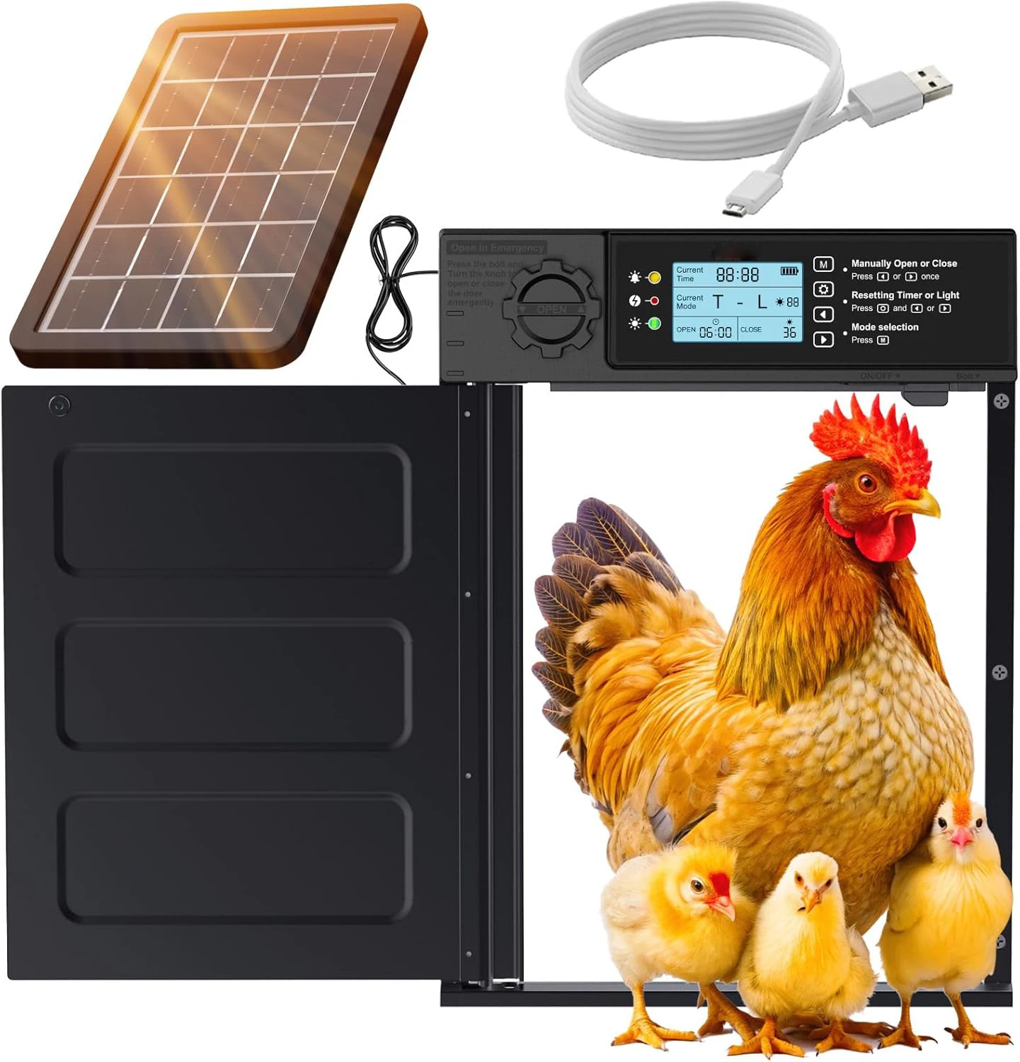 

Automatic Chicken Coop Door PRO - Solar Powered with LCD Display - Light Sensor & Timer - Anti-Pinch Function - Wide Opening