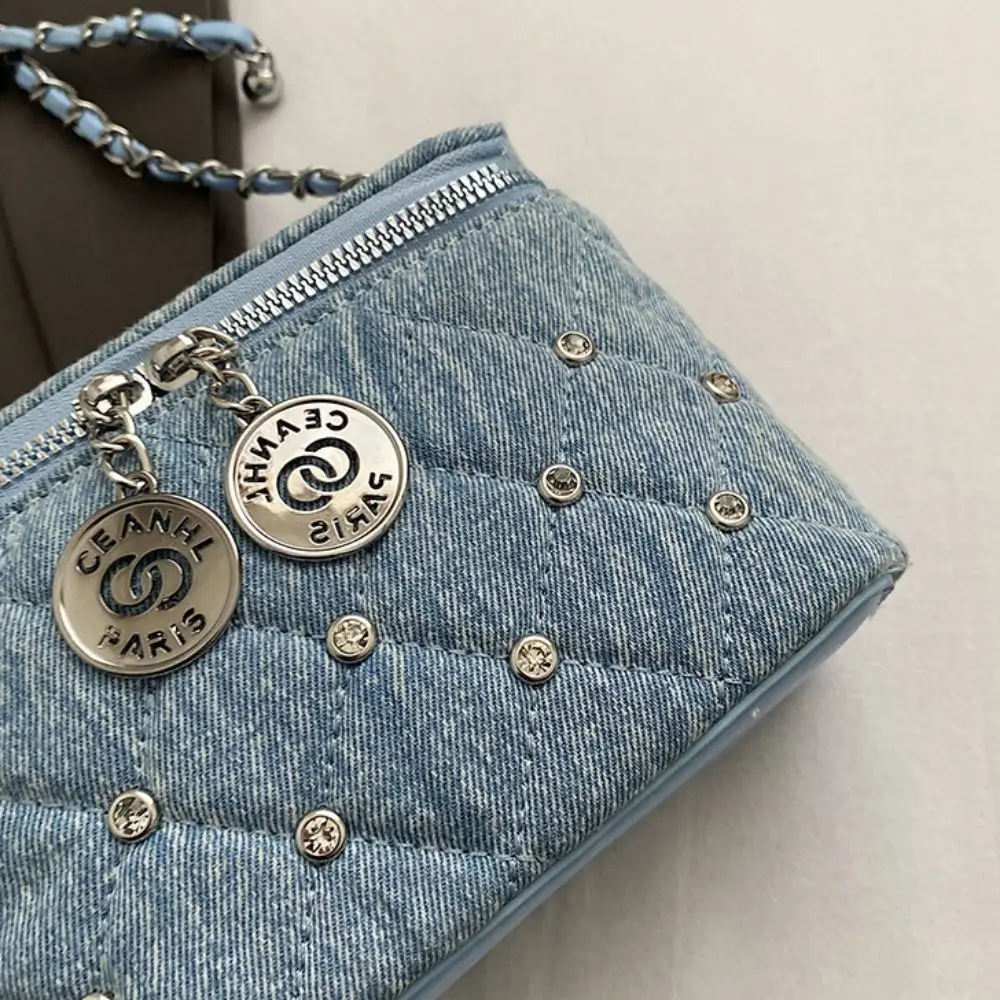 Fashionable Chain Crossbody Bag Denim Plain Bucket Bag Rivet Shoulder Bag