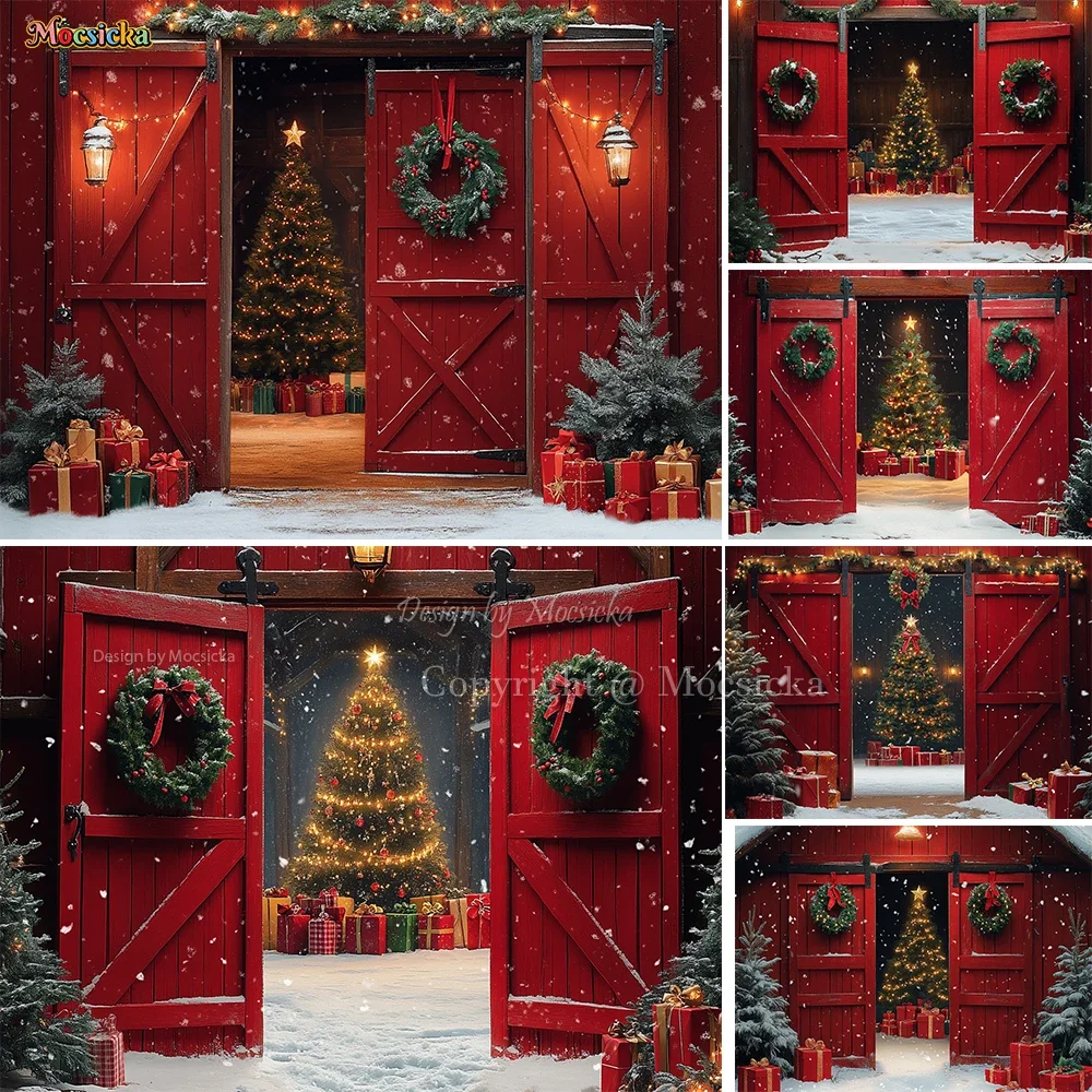 

Red Christmas Door Background Photography Rustic Barn Xmas Tree Gift Snowy Backdrop New Year's Eve Kids Family Photozone Studio