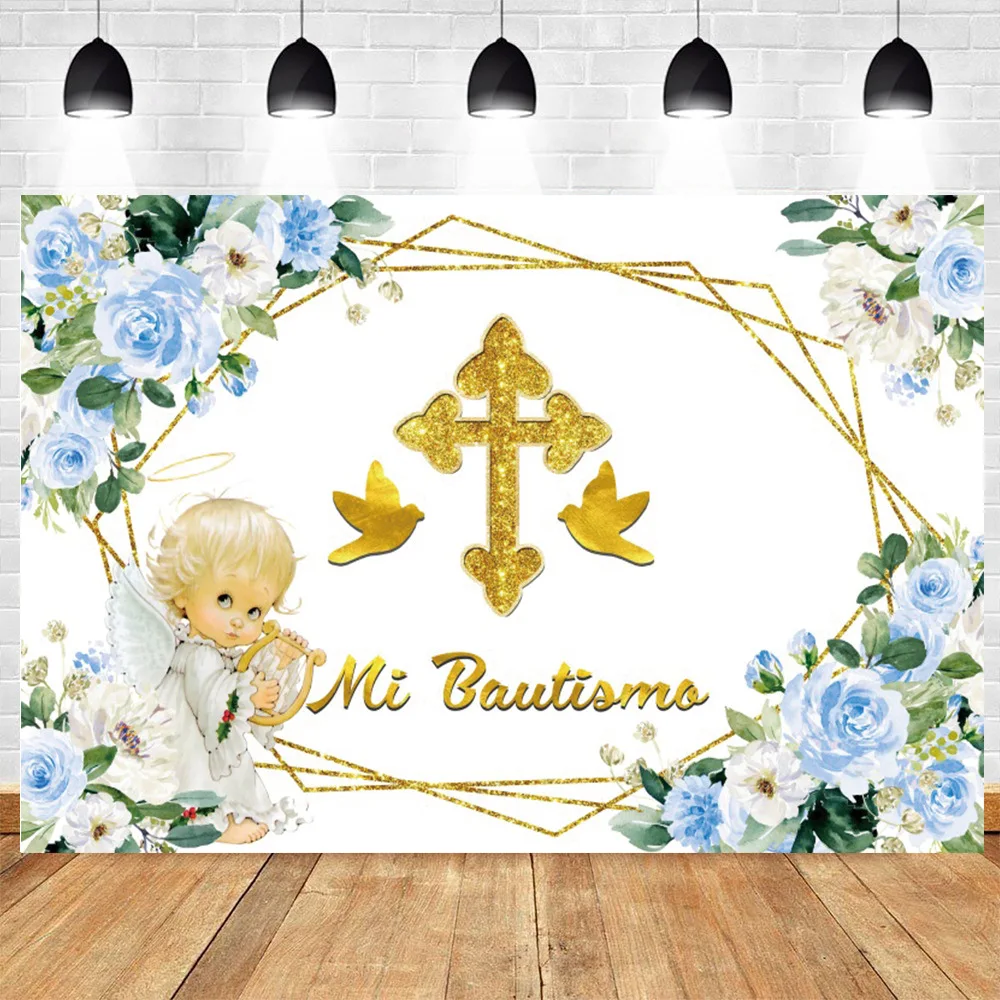 

Mi Bautizo Backdrop for Boys First Holy Communion Baptism Christening Photography Background Cherub Gold Cross Peace Dove Party