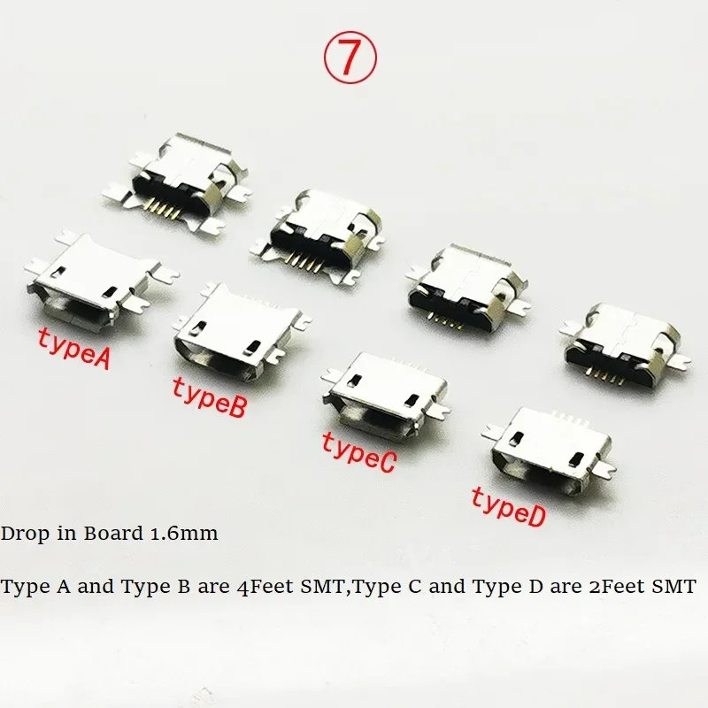 10pcs Micro USB 2.0 Connector B Type 5Pin Female Drop in Board 1.6 SMD Phone Tail Charging Plug Socket USB 2.0 Jack Soldering