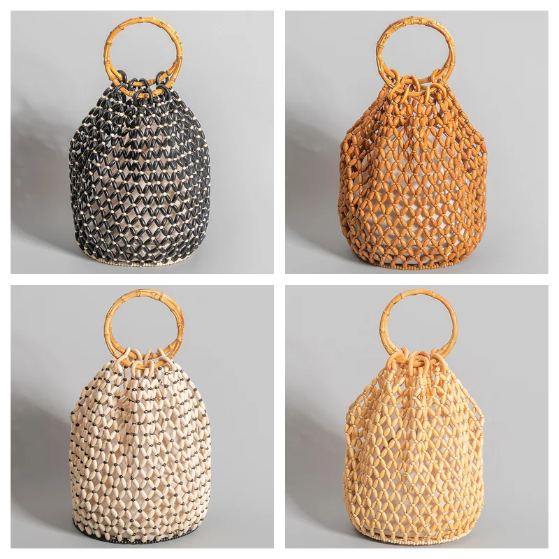 

High-quality Wooden Beaded Bag Women's Beaded Hand-Woven Bag Hollowed Out Design Summer Beach Party Bucket Bag Bolsa Feminina