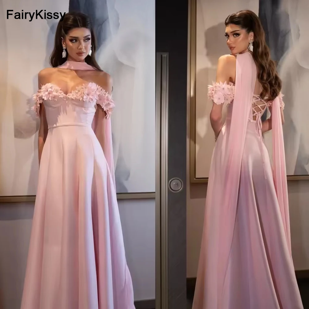 

FairyKissy Elegant Appliques Off the Shoulder Evening Dress Fashion Strapless Short Sleeves A-Line Bespoke Occasion Gowns