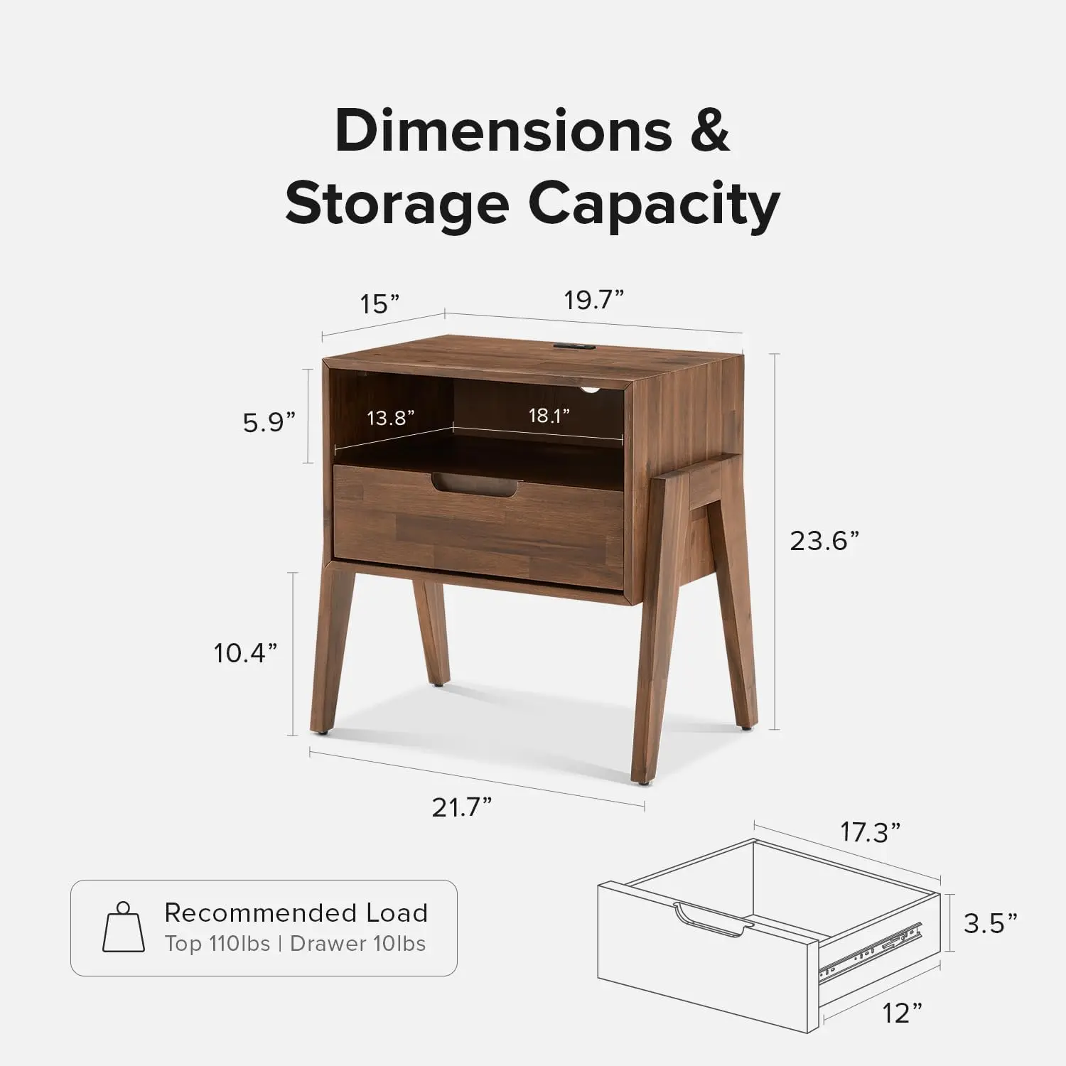 Ted Solid Wood Night Stand with Charging Station, Mid Century Modern Nightstand, Bedside Table with Drawer, End Table (Set of 2)