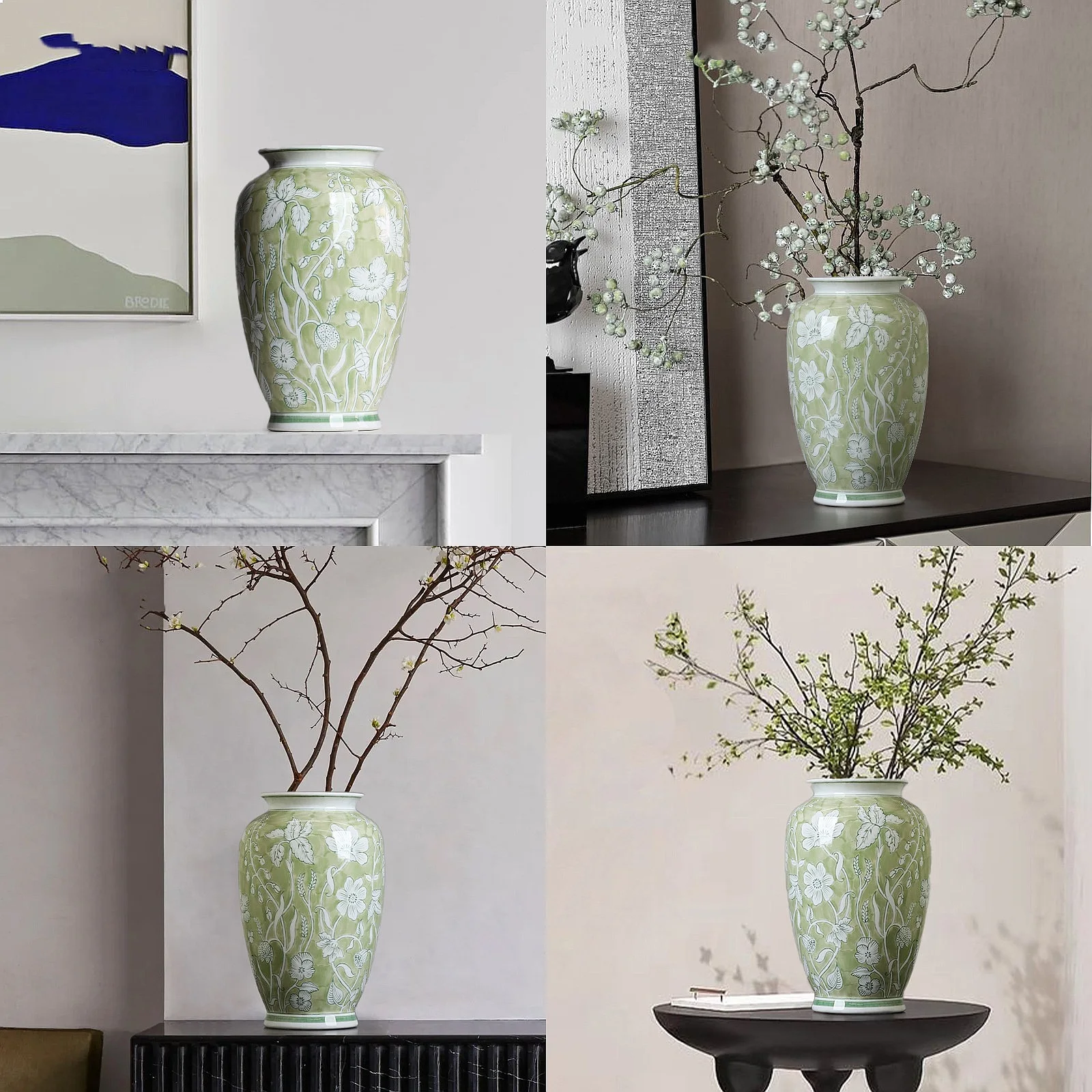 Spring Tender Green Ceramic Vase, New Blue and White Porcelain Vase, Porcelain Foyer Floor Decoration, Living Room Decoration