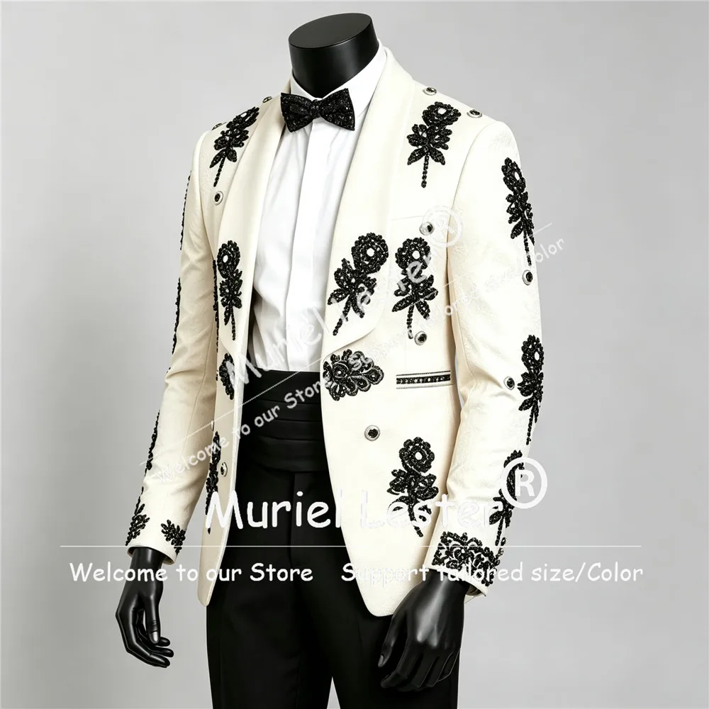 British Style Suits Men For Wedding Black Beaded Embroidered Tuxedo Groom Formal Wear Shawl Lapel Prom Blazer Pants 2 Pieces Set
