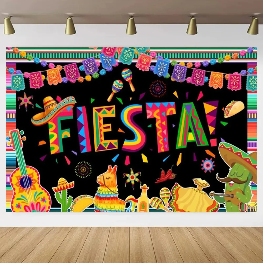 Mexican Carnival Cactus Guitar Theme Banner Background, Mexican Flag Taco Birthday Party Decoration Photography Studio Backdrop