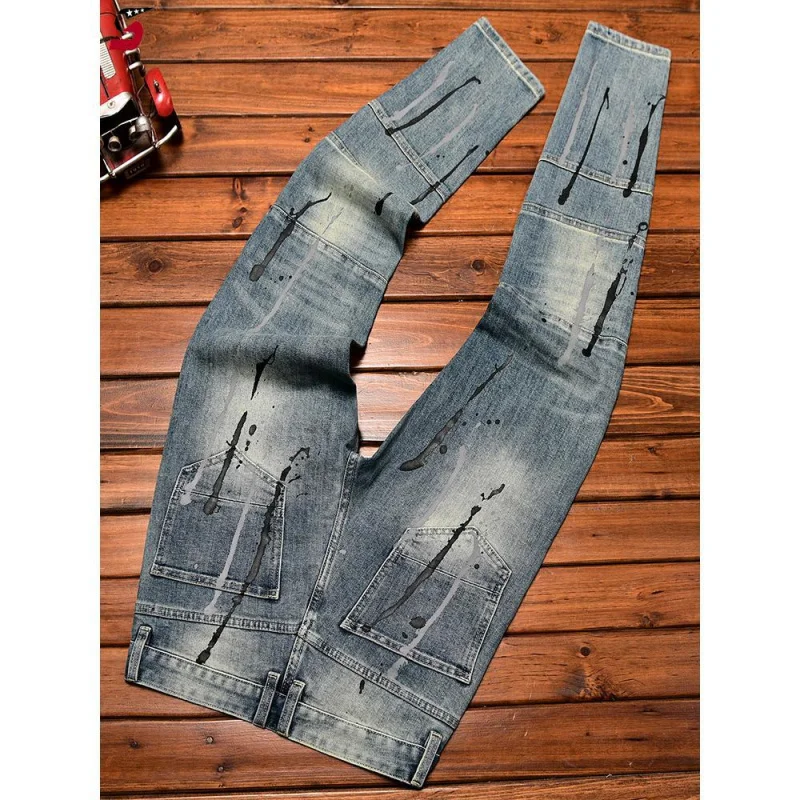 New High-End Men Jeans Straight Tube Slim Fit Fashion Trend Brand Print Retro Distressed Casual Versatile Washed Denim Pants