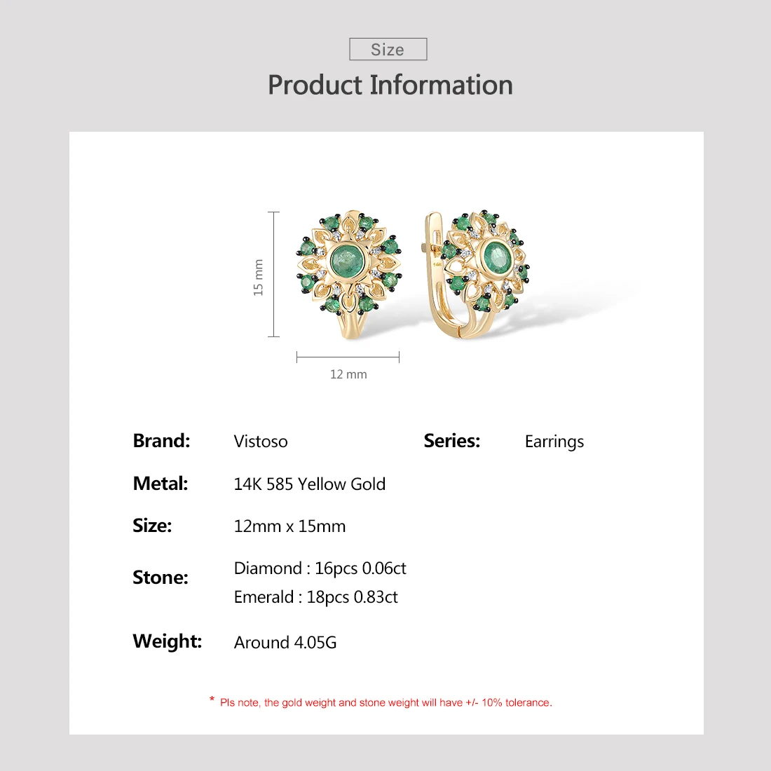 VISTOSO Genuine 14K 585 Yellow Gold Earrings For Women Sparkling Emerald And Diamond Daily Round Shape Handmade  Fine Jewelry