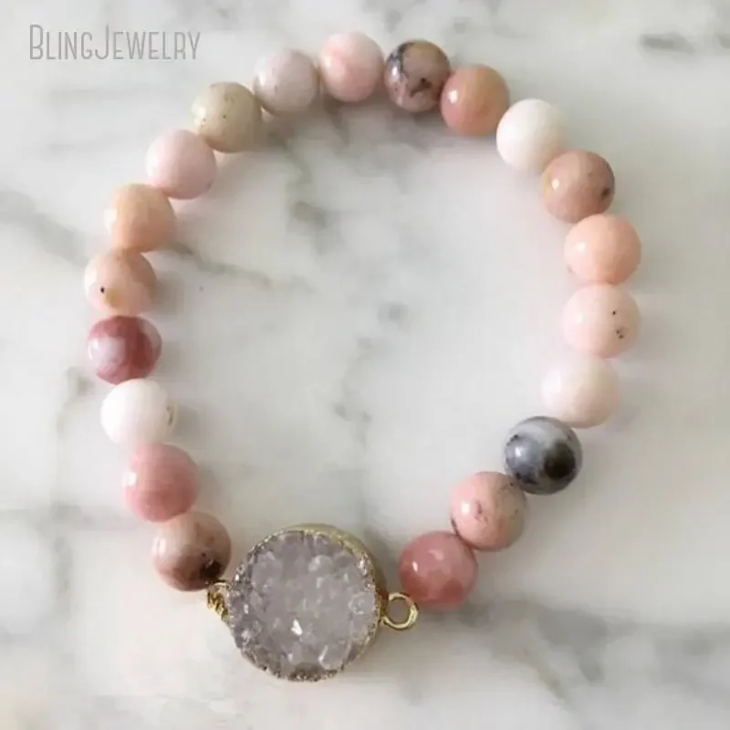 10pcs Pink Peruvian Opal Round Agate Druzy Charm Stretch Stacking Women Love Bracelet Boho Hippie Jewelry Accessories Friendship