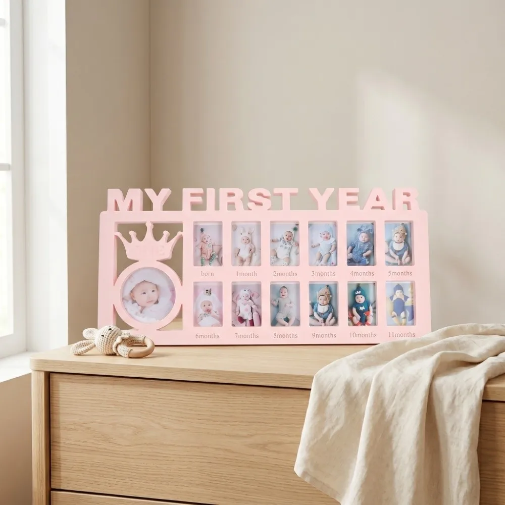 Plastic Growth Frame 15.55*7.6 in 12 Small Frames Newborn Memory Frame 13 Photo Inserts Cartoon Crown Style Milestone Frame