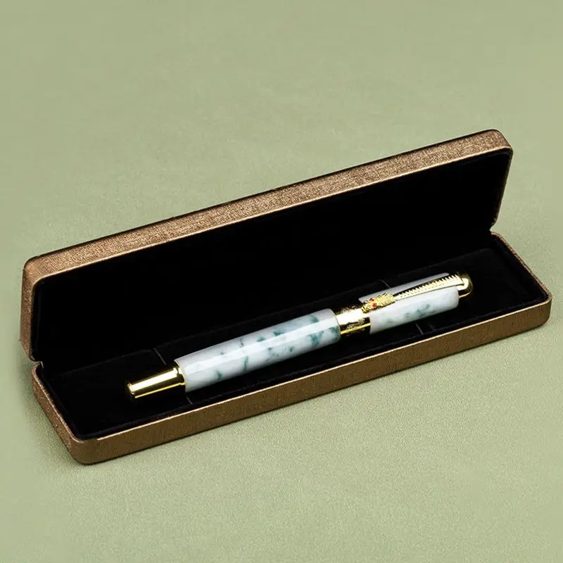 Natural Burmese Jade Fountain Pen with Floating Flower Landscape Style F 0.5mm Nib High-end Ink Pen Luxurious Birthday Gift Pens