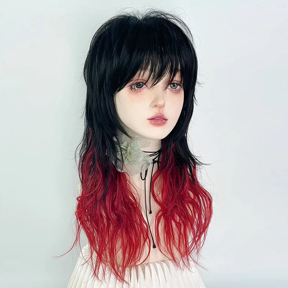 Synthetic Long Wavy Ombre Black Red Mullet Head Wig Women Fluffy Lolita Cosplay Hair Wig for Daily Party