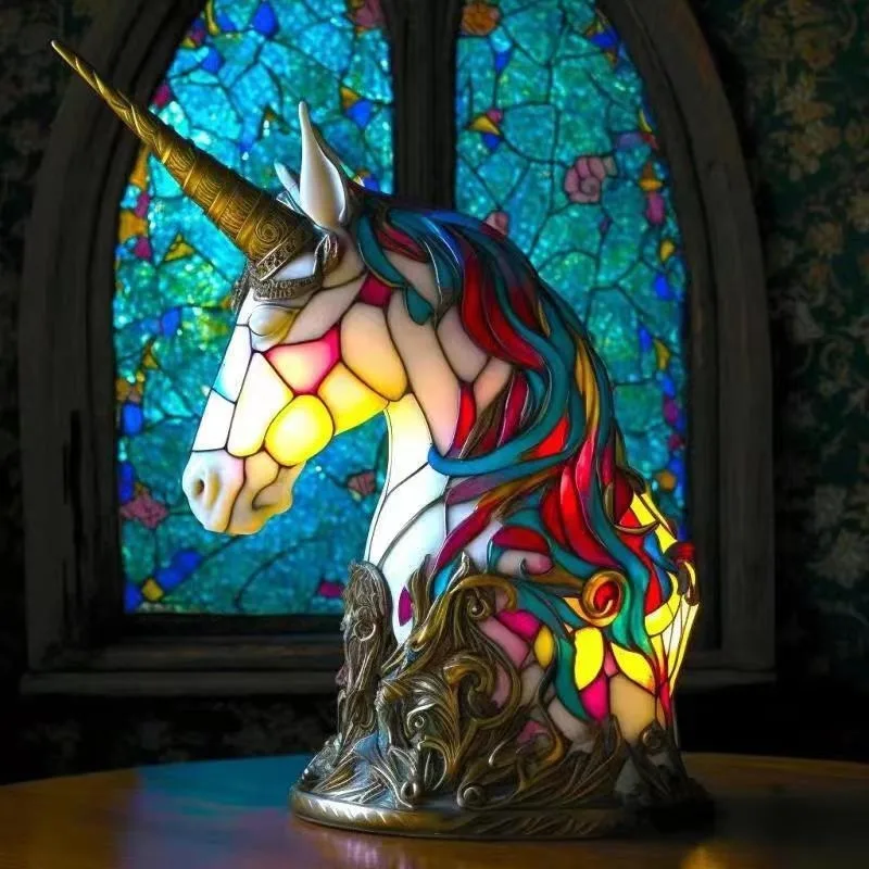 Resin Stained Glass Table Lamp Animal Bedside Lamp Resin Craft Night Light Creative Ornament Living Room Home Bedroom Decoration