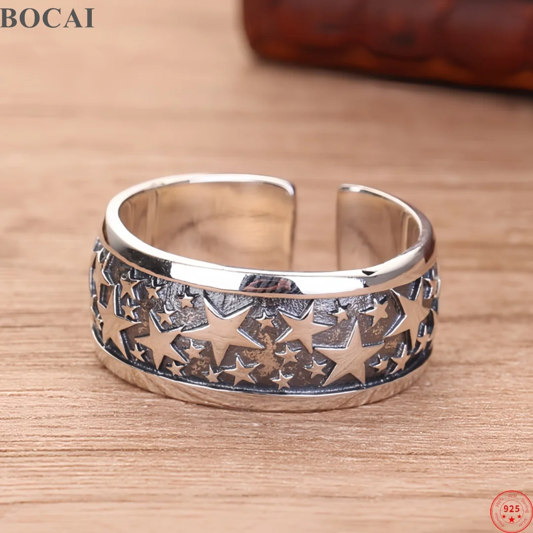 BOCAI New S925 Sterling Silver Charms Pendants for Men Women Antique Stars Pattern Adjustable Ring Fine Choice Jewelry