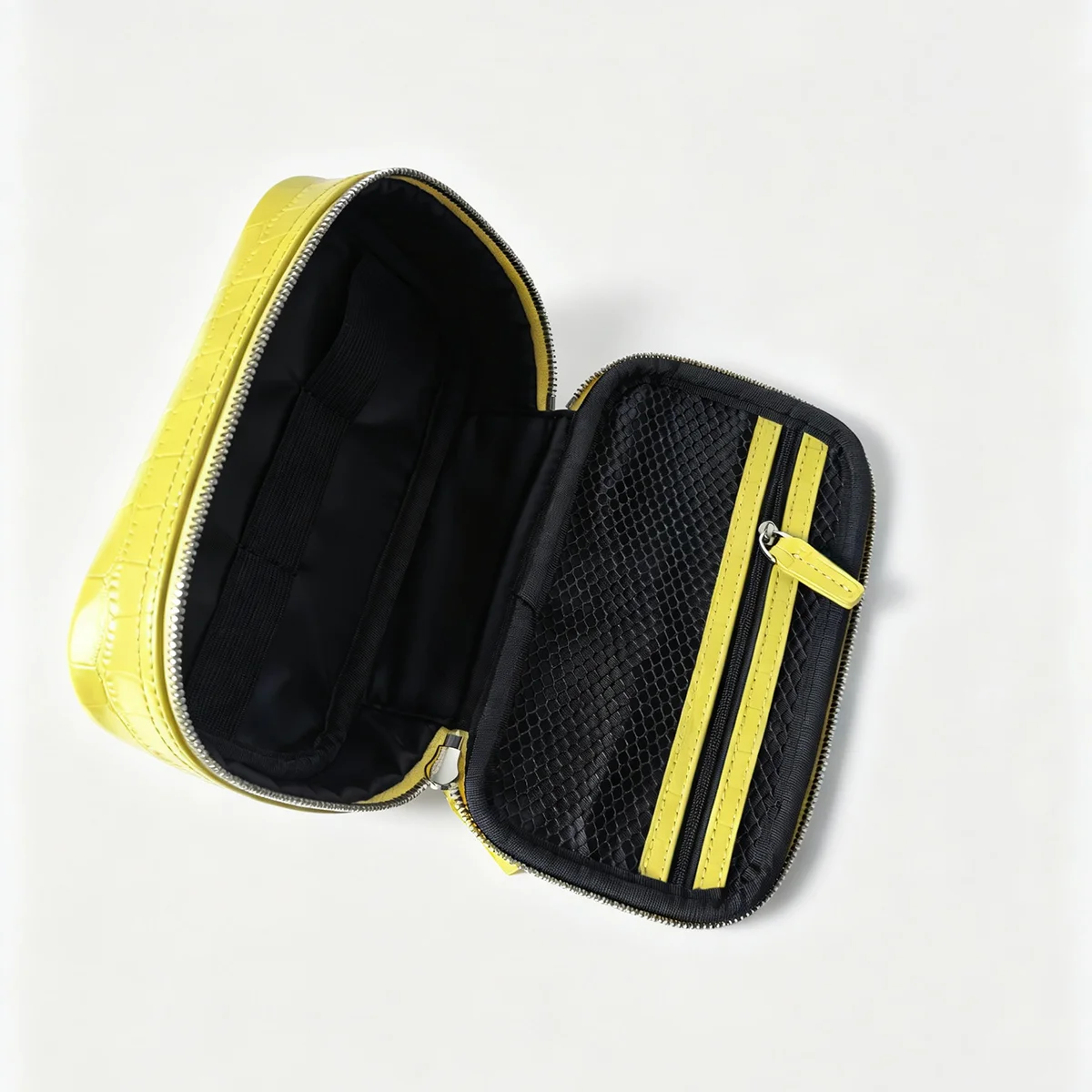 Authentisches Leder-Kosmetikset für Damen, Zitronengelbe Farbpalette, Beauty-Organizer, hochwertiges Rindsleder, Krokodilprägung, Reise-Waschtasche – Detail 22