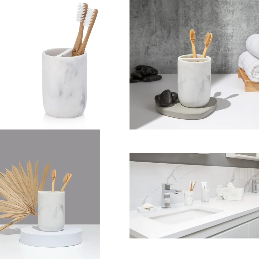 White Marble Toothbrush Holder for Home Small Bathroom Organizer with Toothpaste Dispenser Minimalist Vanity Storage Rack