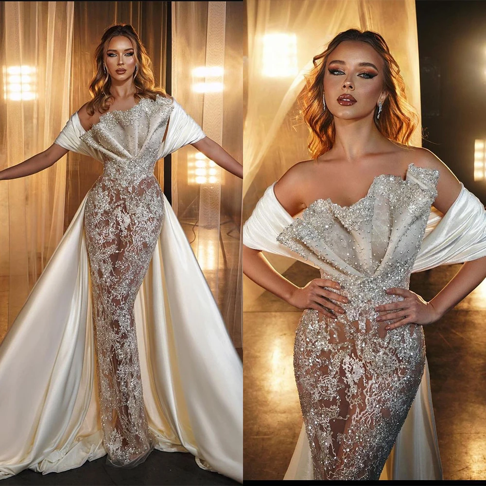 

Vintage Crystal Dubai Mermaid Wedding Dress Sexy See Through Sheer Neck Off Shoulder Sequins Lace Bridal Gowns