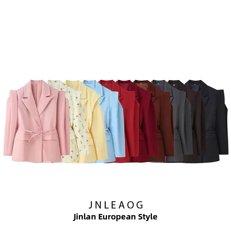 ชุดสูทแฟชั่นไหล่กว้างสำหรับผู้หญิง ทรงเข้ารูป คาดเข็มขัด รุ่นใหม่ล่าสุดสำหรับฤดูใบไม้ผลิ ผลิตจากเส้นใยโพลีเอสเตอร์ สไตล์ลำลอง แขนยาว
