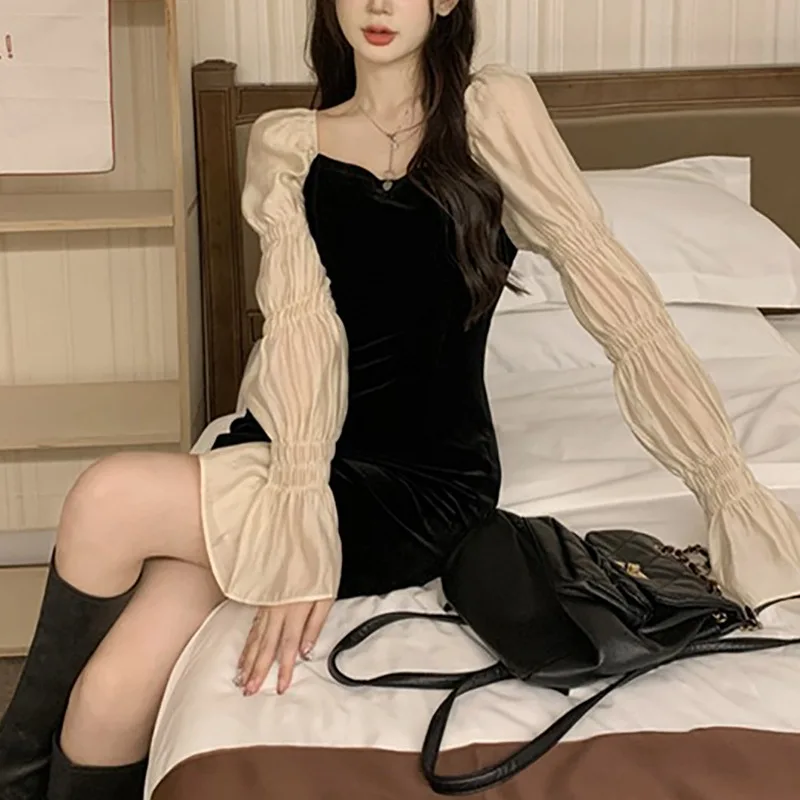 Franse vierkante kraag pofmouwen splitsen nieuwe lente en herfst slanke jurk met lange mouwen