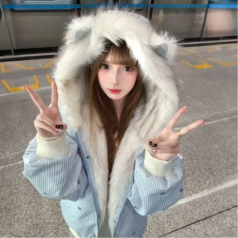 Korean Style Dopaamine Blue Striped  Ear Hooded Cotton Jacket Women's Winter Warm Coat Sweet School Style Loose Fit Polyester