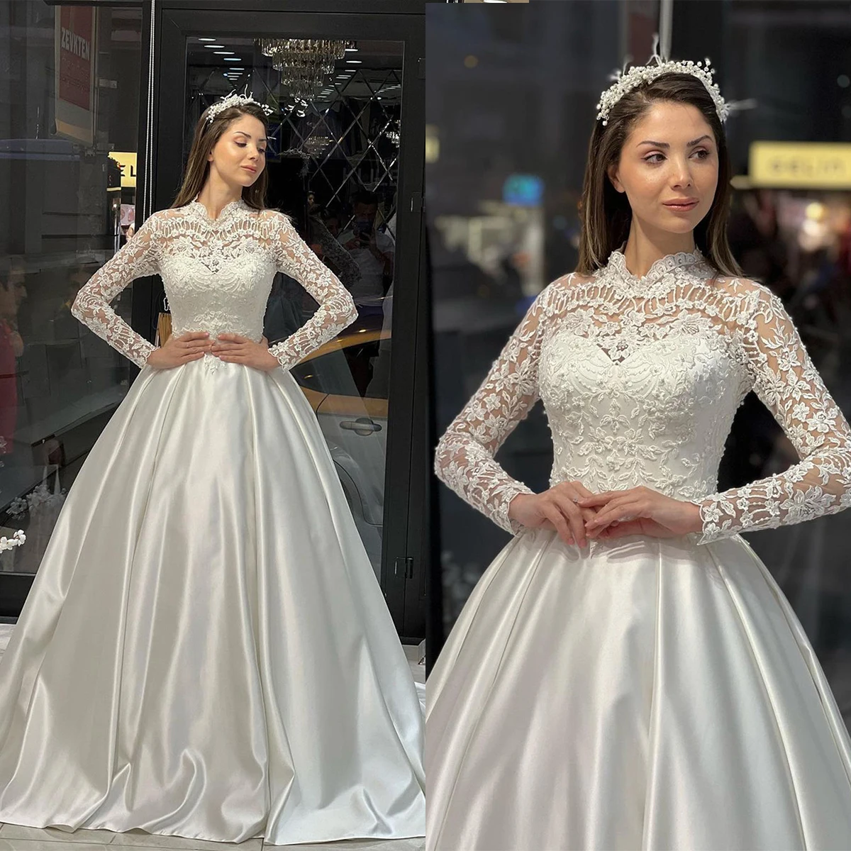 

Classic Women Wedding Dress A-Line High Collar Appliques Long Sleeves Bridal Gown Slim Fit Skirt Sweep Trian Dress