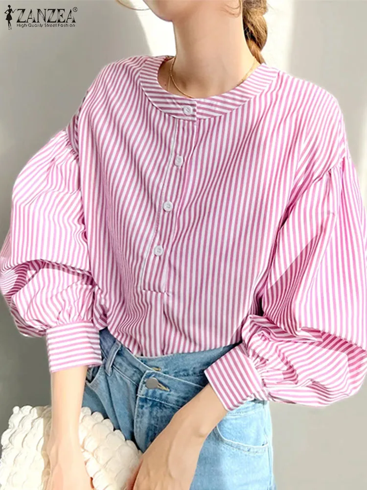 

Fashion Lantern Long Sleeve Shirt ZANZEA Womens Striped Blouse 2024 Summer Round Neck Blusas Casual Loose Pleats Office Tops