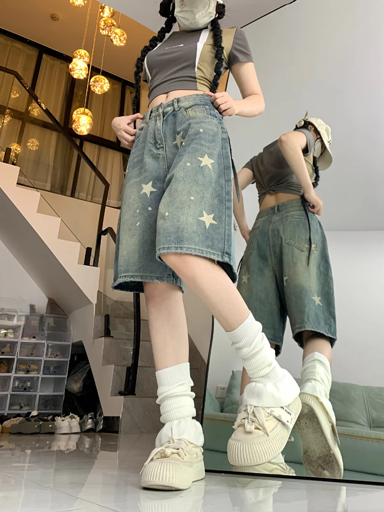 American Vintage Denim Shorts Five-pointed Star Print High Waist Summer Streetwear Fifth Pants Casual Loose Y2k Women's Clothing