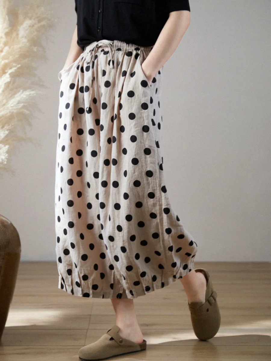 Cotton Linen Casual Long Pants Women's Loose Wide Leg Pants Polka Dot Print Spring Summer New Sle Comfortable Artistic Trou...