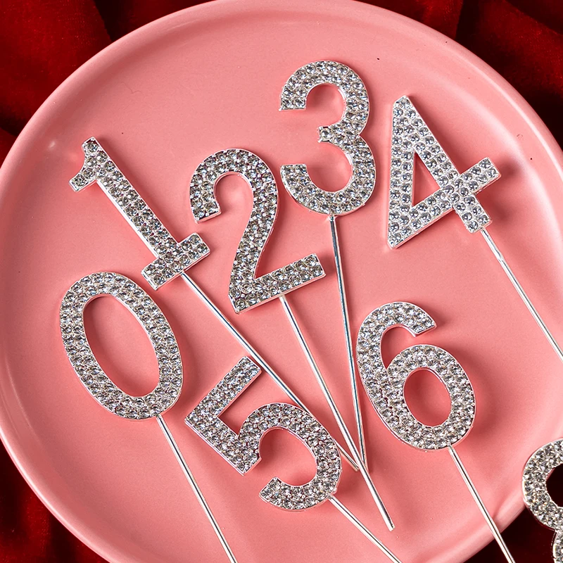 1pc 0-9 Alloy Diamond Digital Cake Toppers Fairy  Plugin Sparkling Crystal Digits Wedding Children's Birthday Cake Decoration