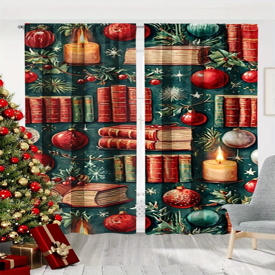 2PCS Christmas Winter Curtains, Vintage Book Candle Ball Pine Branch Green, Digital Print, Bedroom Living Room, Home Decor