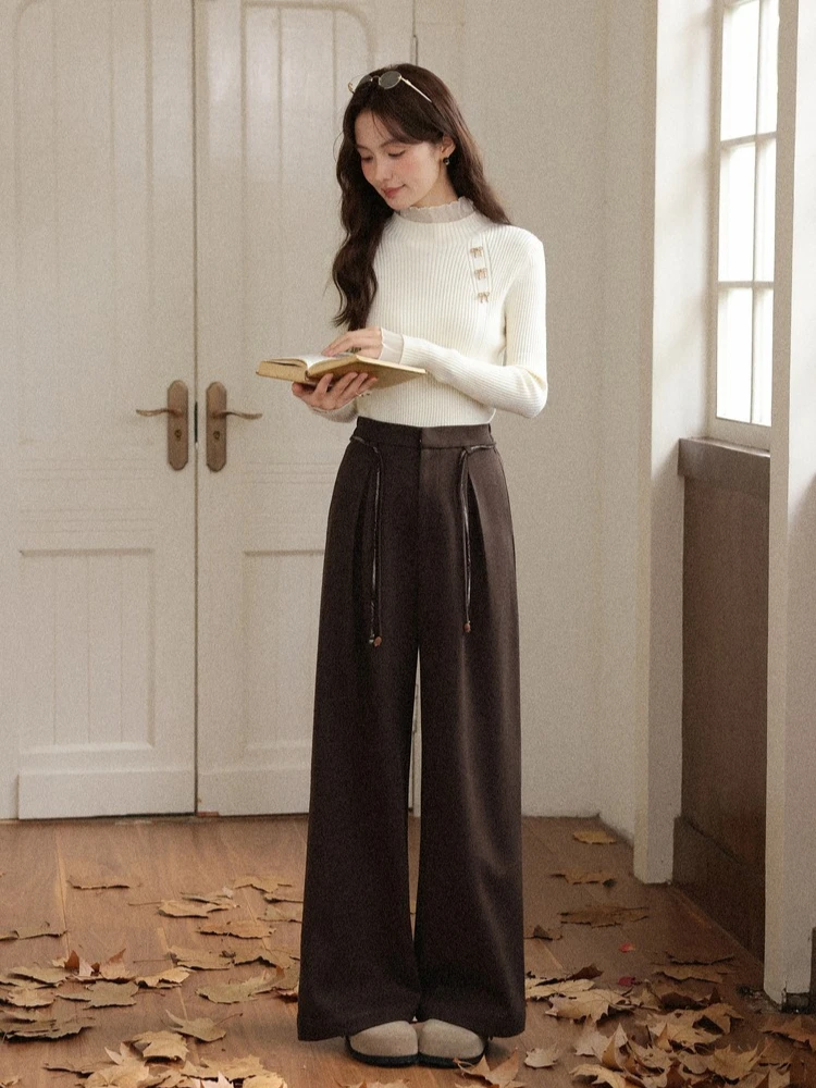 ALXNAN Damskie spodnie zimowe w stylu koreańskim, luźne, codzienne brązowe spodnie 2025, ciepłe, proste, eleganckie, damskie spodnie typu baggy L58710