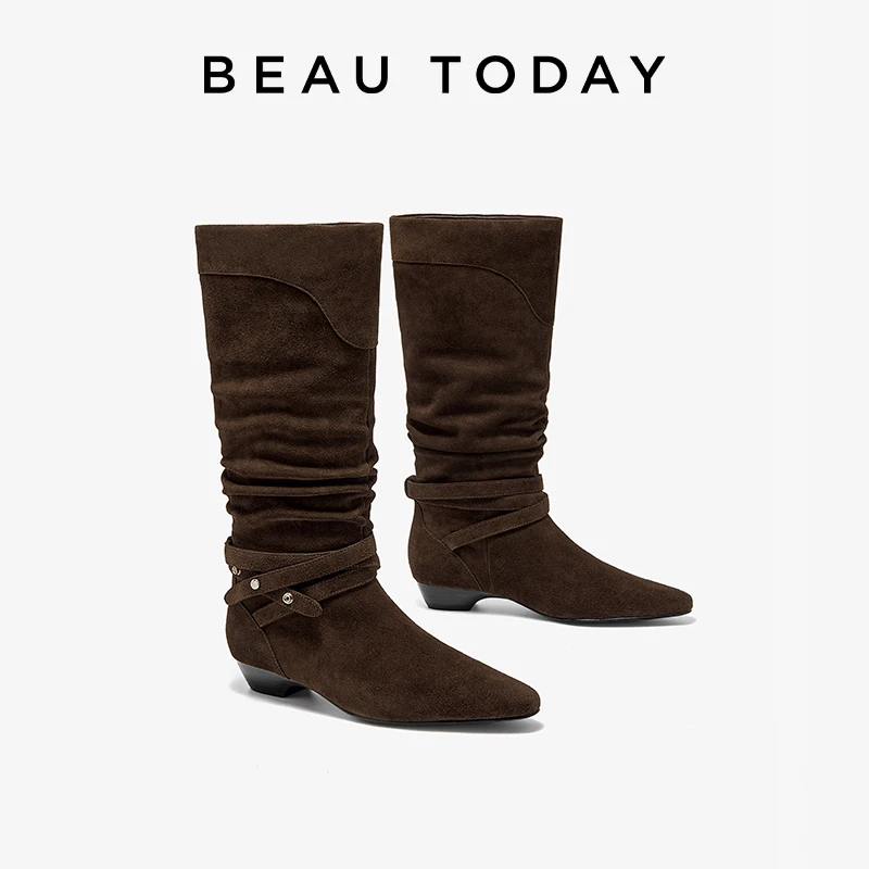 BEAUTODAY Long Boots Women Genuine Cow Suede Leather Sewing Design Solid Color Slip-on Ladies Shoes Handmade 02052