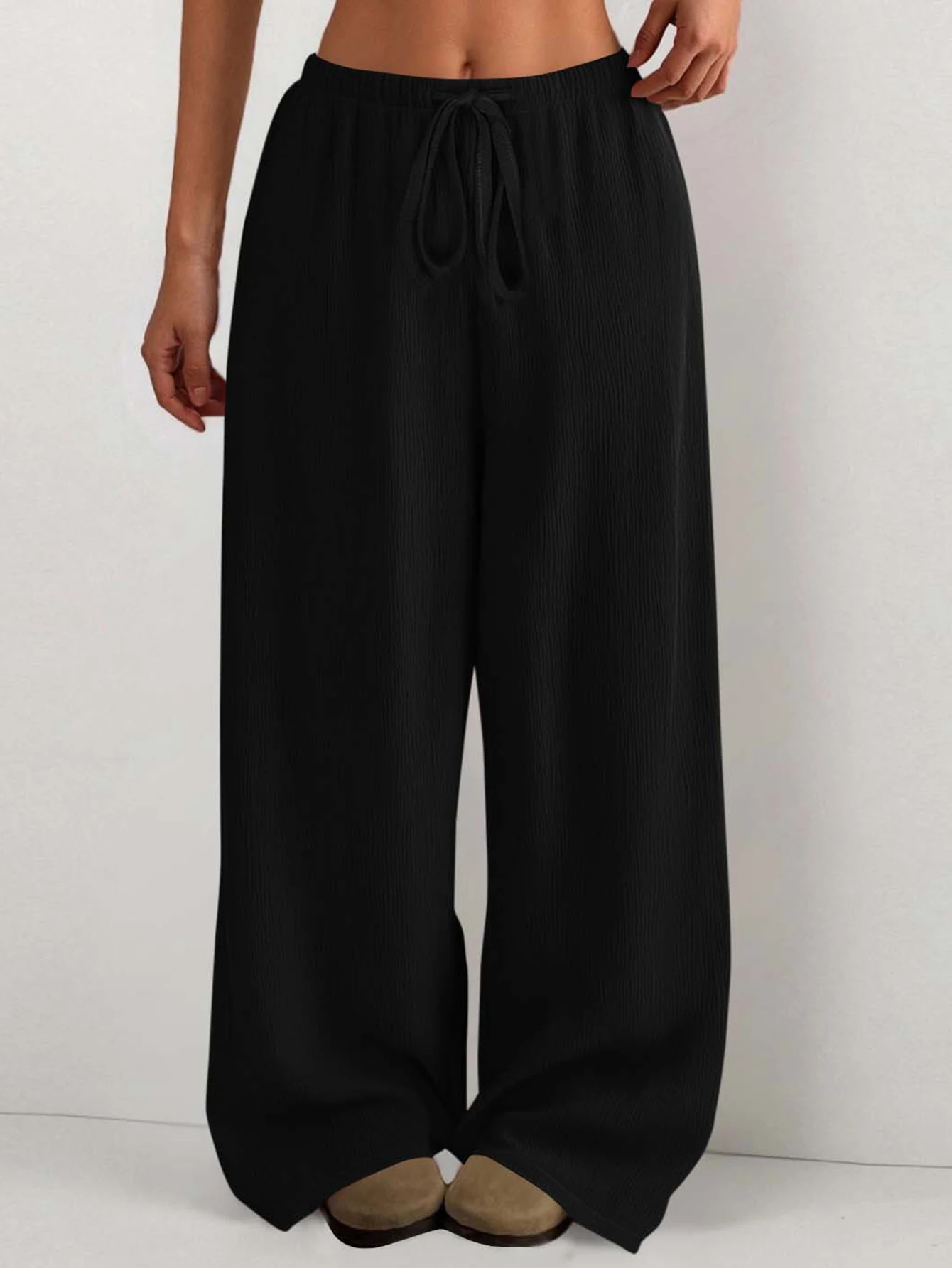 Ladies Pure Color Loose Treebark Wide Leg Casual Pants Long Trousers Drapey Waist Drawstring Comfortable