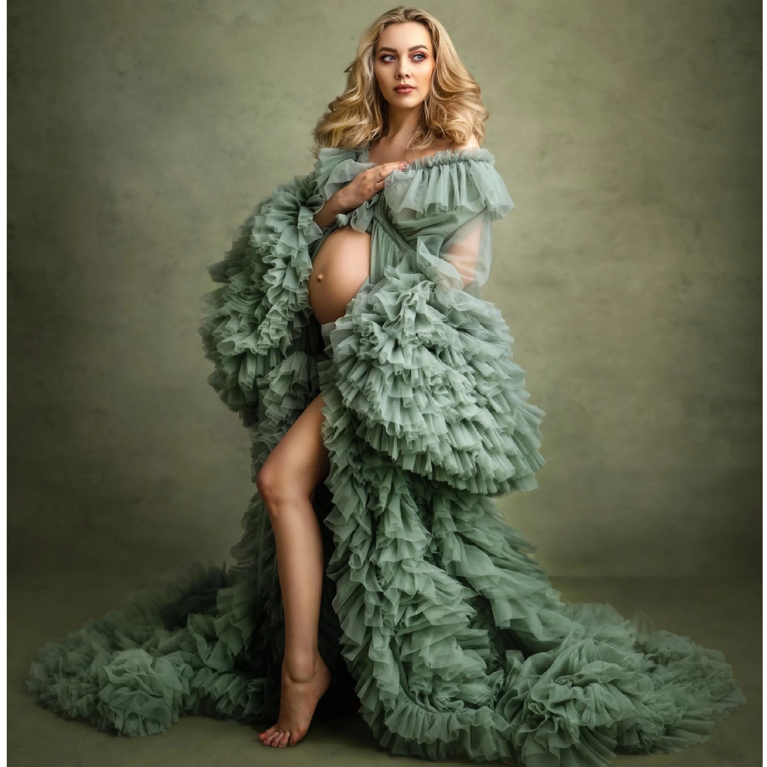 

Boho Green Maternity Robes Women Babyshower A Line V Neck Ruffled Prom Dress Bathrobe Customized Pregnancy Vestidos Photoshoot