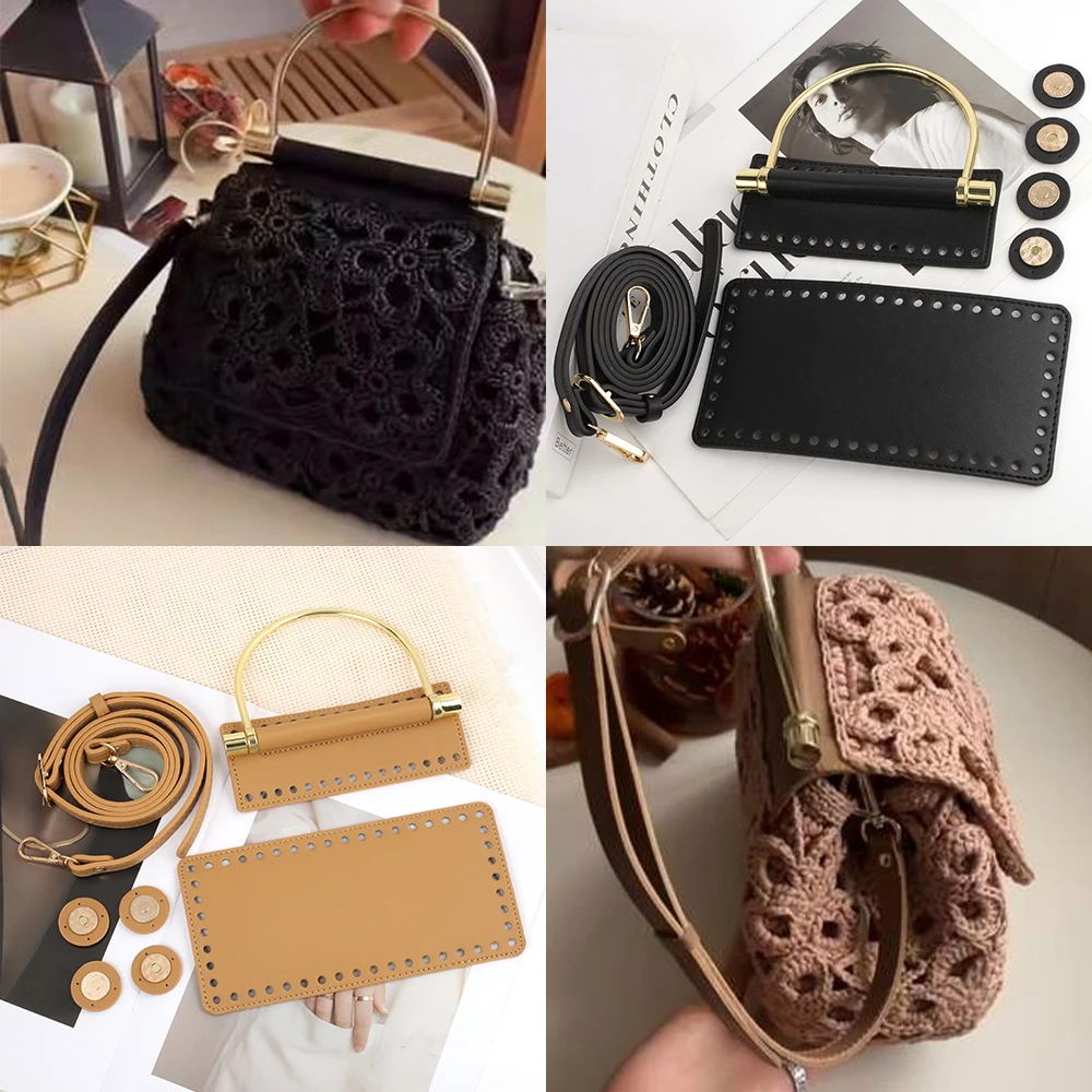 1Set Handmade Knitting Bag Kit PU Leather DIY Crochet Bags Bottoms Shoulder Strap Handle Woven Handbag Crossbody Accessories