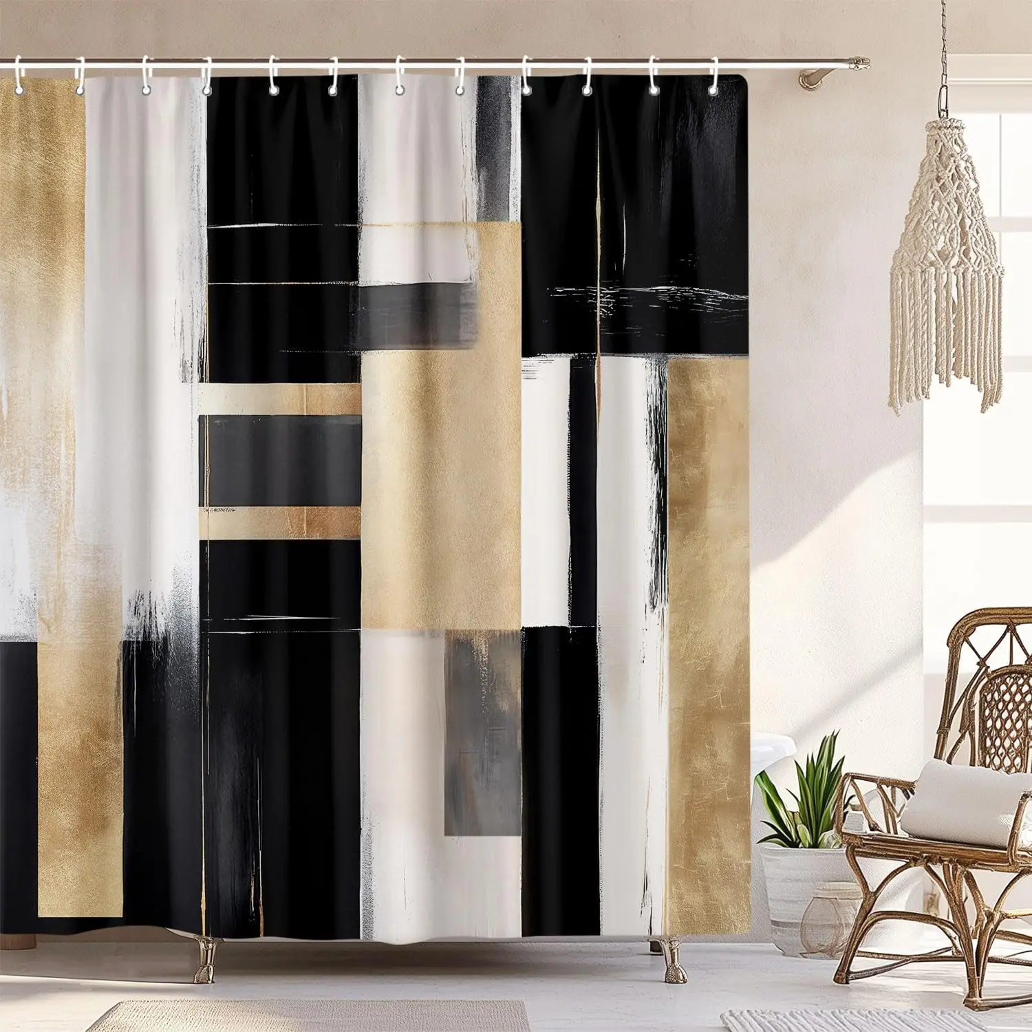 Black Gold Abstract Shower Curtain, Boho Modern Aesthetic, Oil Painting Neutral Art, Fabric Bathroom Set with Hooks