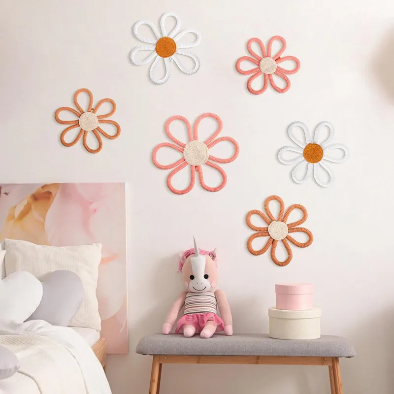 INS Handgeweven Boho Macrame Daisy Flower Ornament Baby Kinderkamer Kinderkamer Wanddecoratie Hanger Handgemaakte Craft Gift Foto Props