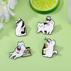 Cartoon Red Wine Cat Enamel Brooch Book Sunglass Cute Whiskey White Cat Creative Animal Metal Badge Punk Lapel Pins Jewelry Gift
