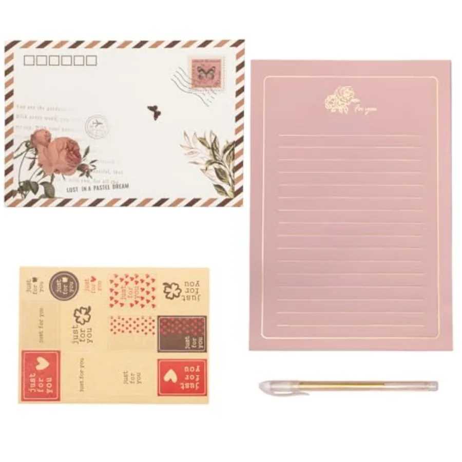 

Elegant letter writing set: 8 Floral Print Airmail Envelopes, 10A5Sheets, 16 Sealing Stickers, 1 Gold Pen Love Botanical Theme