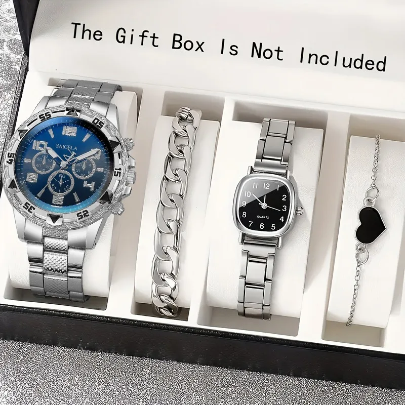 4PCS Fashion Couple Quartz Watches Bracelets Set Stainless Steel Band Square Dial Business Women Men Wristwatches（Without Box）