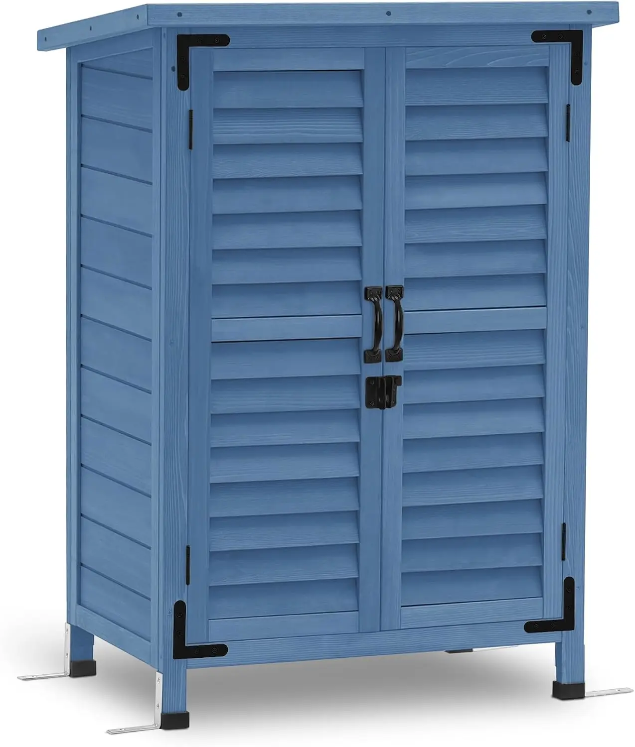 Small Wood Outdoor Storage Cabinet 24.6x18.3x38.2 In Garden Tool Shed Asphalt Roof Removable Shelf 2 Doors 4 Metal Feet Nails for Patio Porch Blue